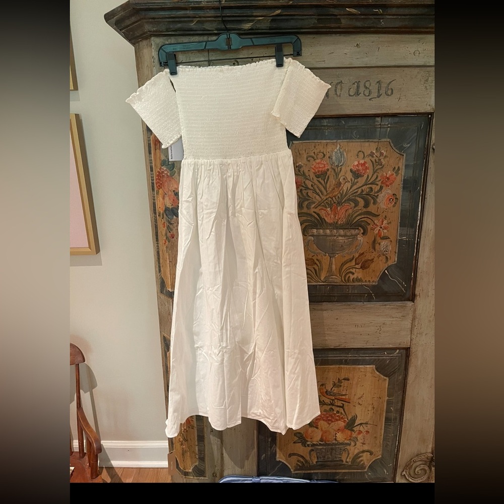 Off the Shoulder White Reformation Smocked Dress